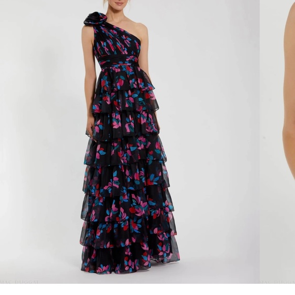 Black Floral Chiffon One Shoulder Tiered Ruffle Gown - Picture 1 of 4